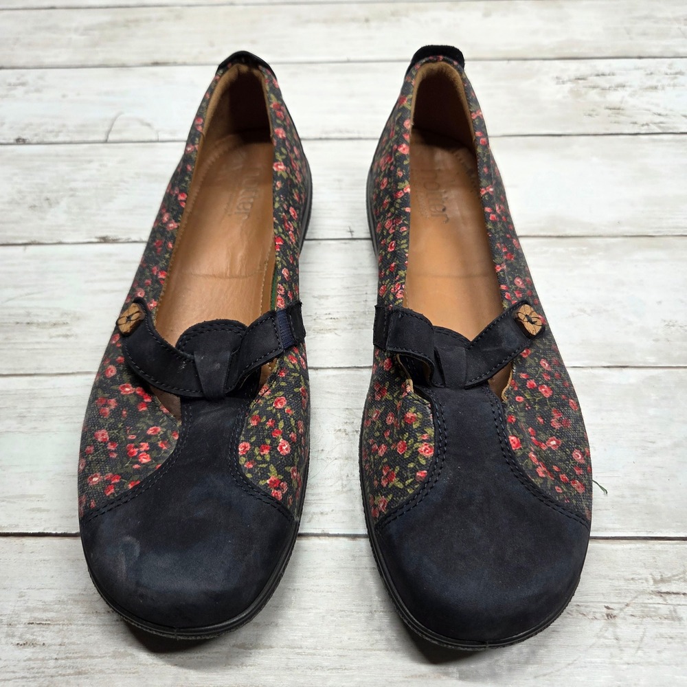 Hotter Serenity Floral Mary Jane Flats Womens 8.5 Navy Blue Rose Comfort Shoes